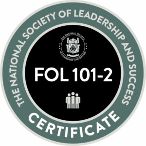 Circular certificate badge for FOL 101-2 from The National Society of Leadership.